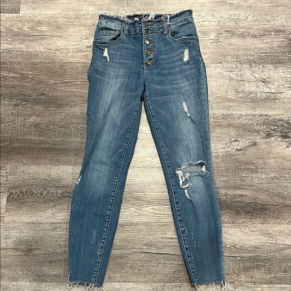 KIT high waist button up Women's Distressed Blue Jeans - Picture 1 of 6
